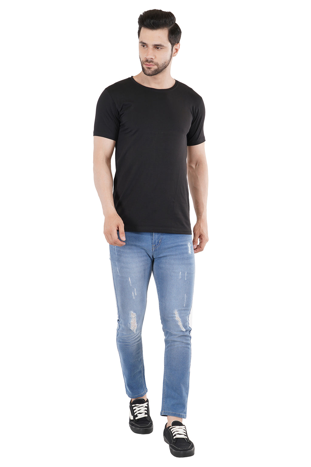 Black Cotton Lycra Crew Neck T-Shirt