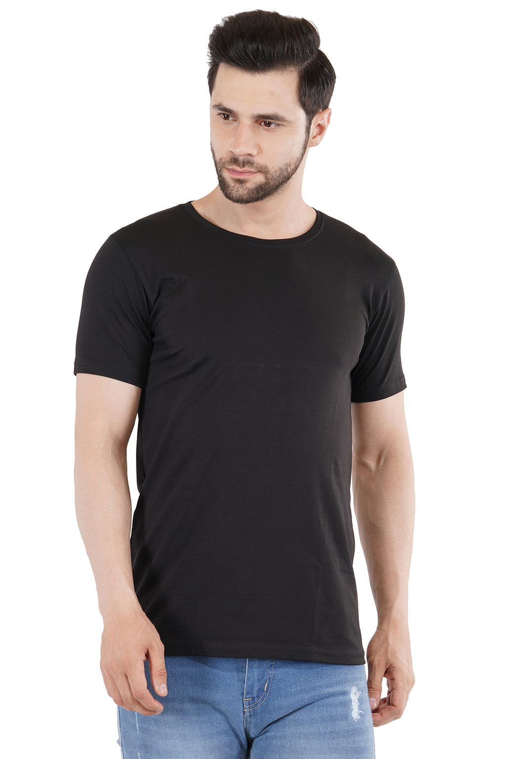 Black Cotton Lycra Crew Neck T-Shirt