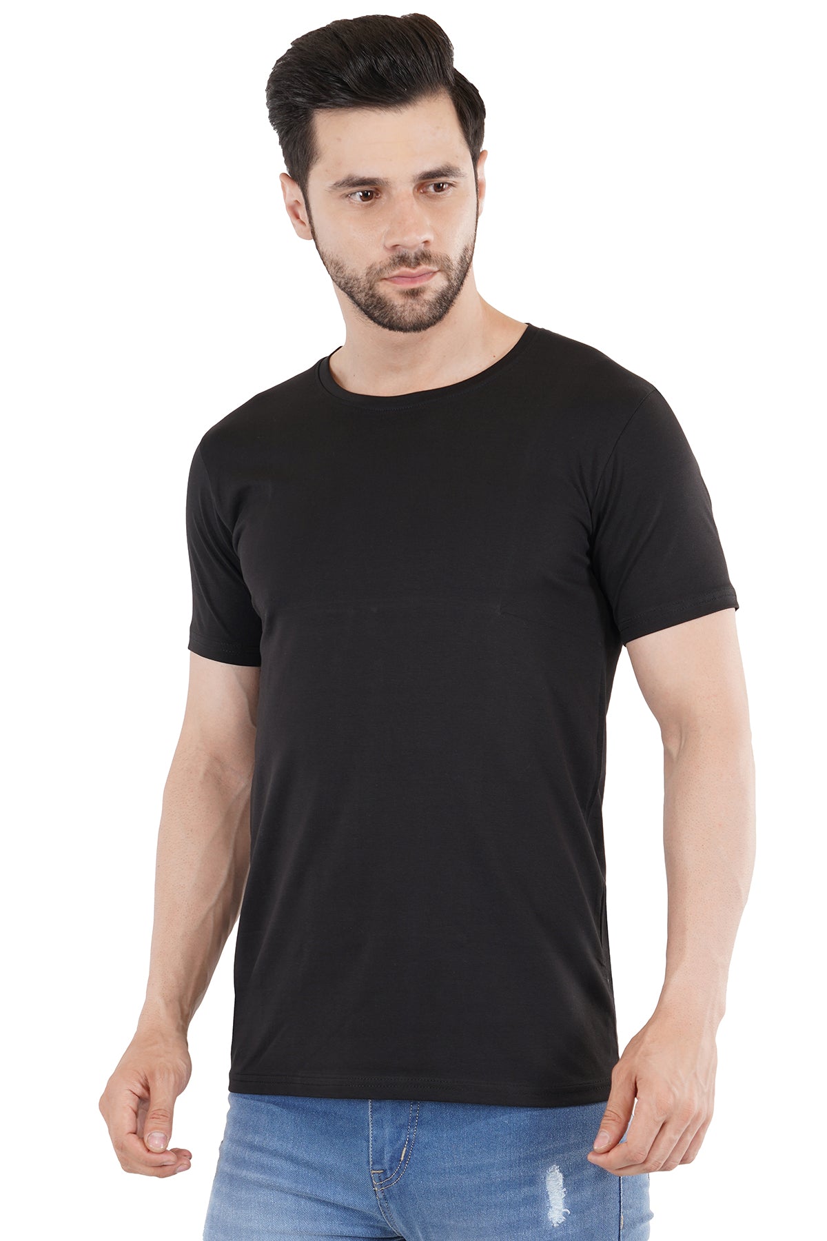 Black Cotton Lycra Crew Neck T-Shirt