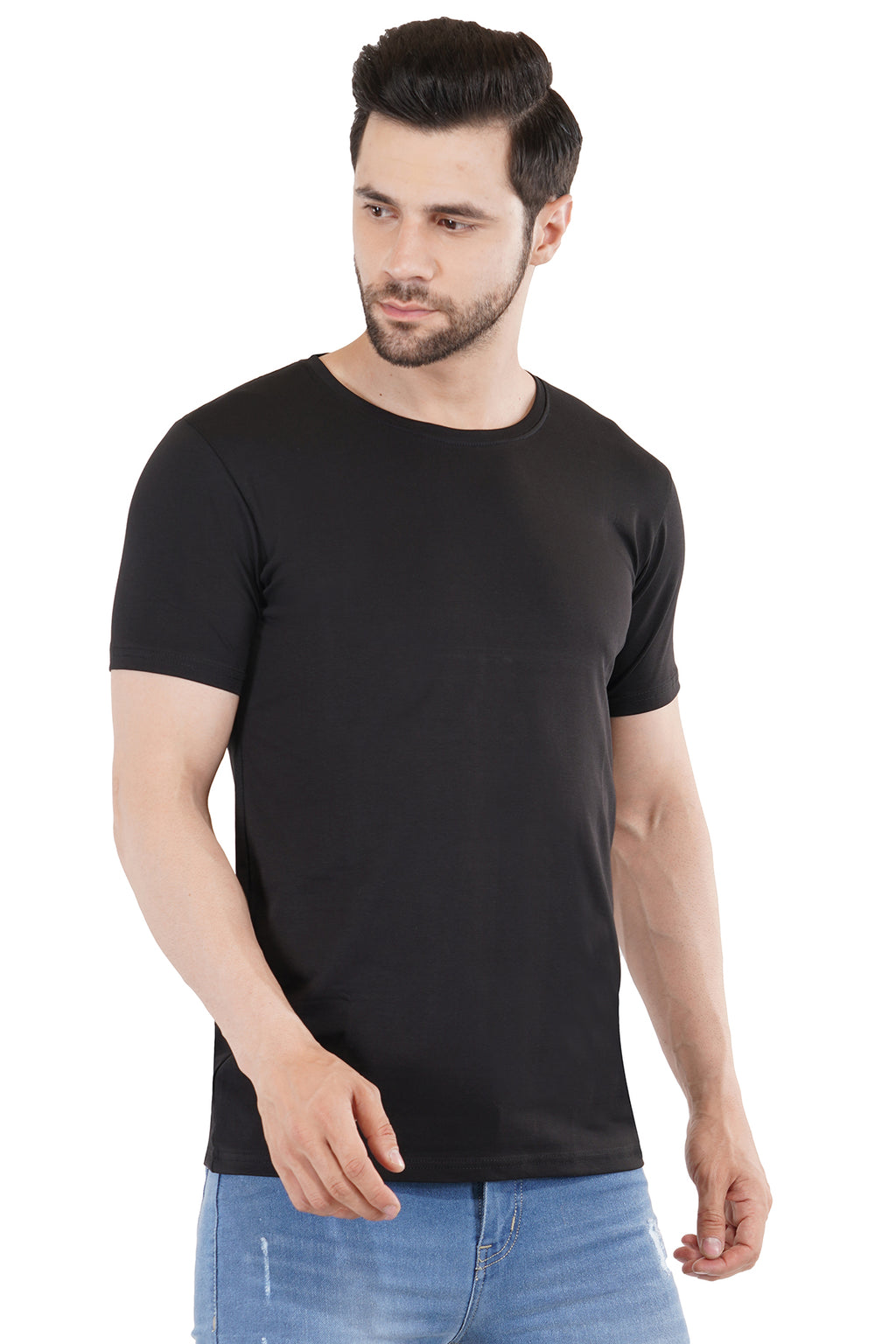Black Cotton Lycra Crew Neck T-Shirt
