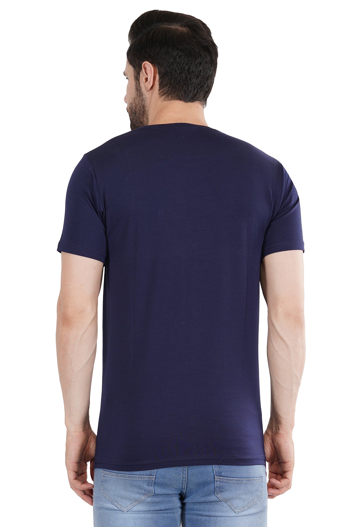 Blue Cotton Lycra Crew Neck T-Shirt