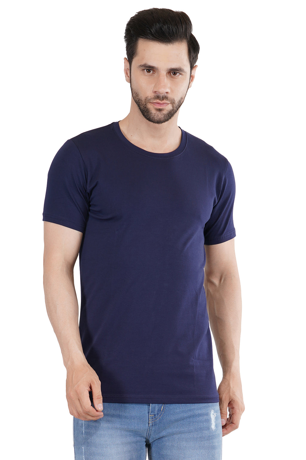 Blue Cotton Lycra Crew Neck T-Shirt