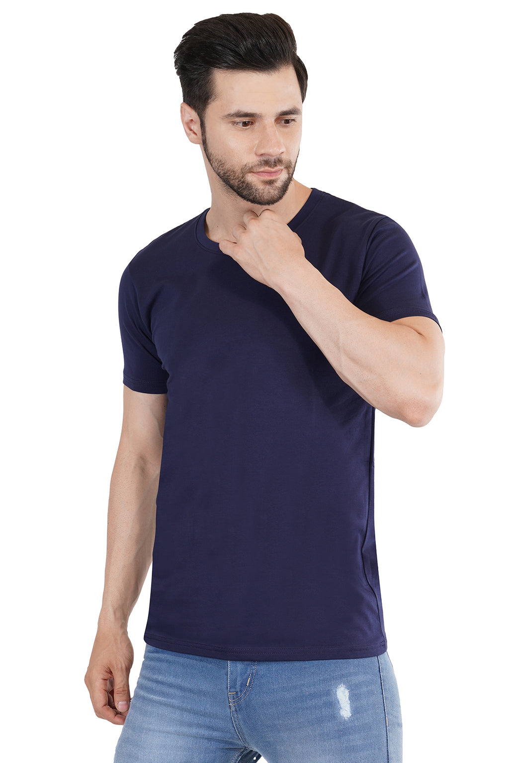 Blue Cotton Lycra Crew Neck T-Shirt