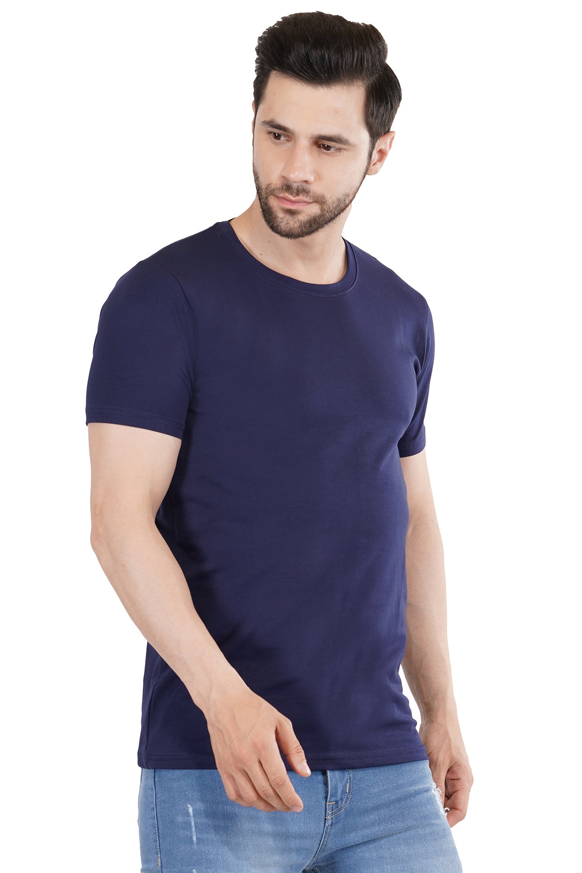 Blue Cotton Lycra Crew Neck T-Shirt
