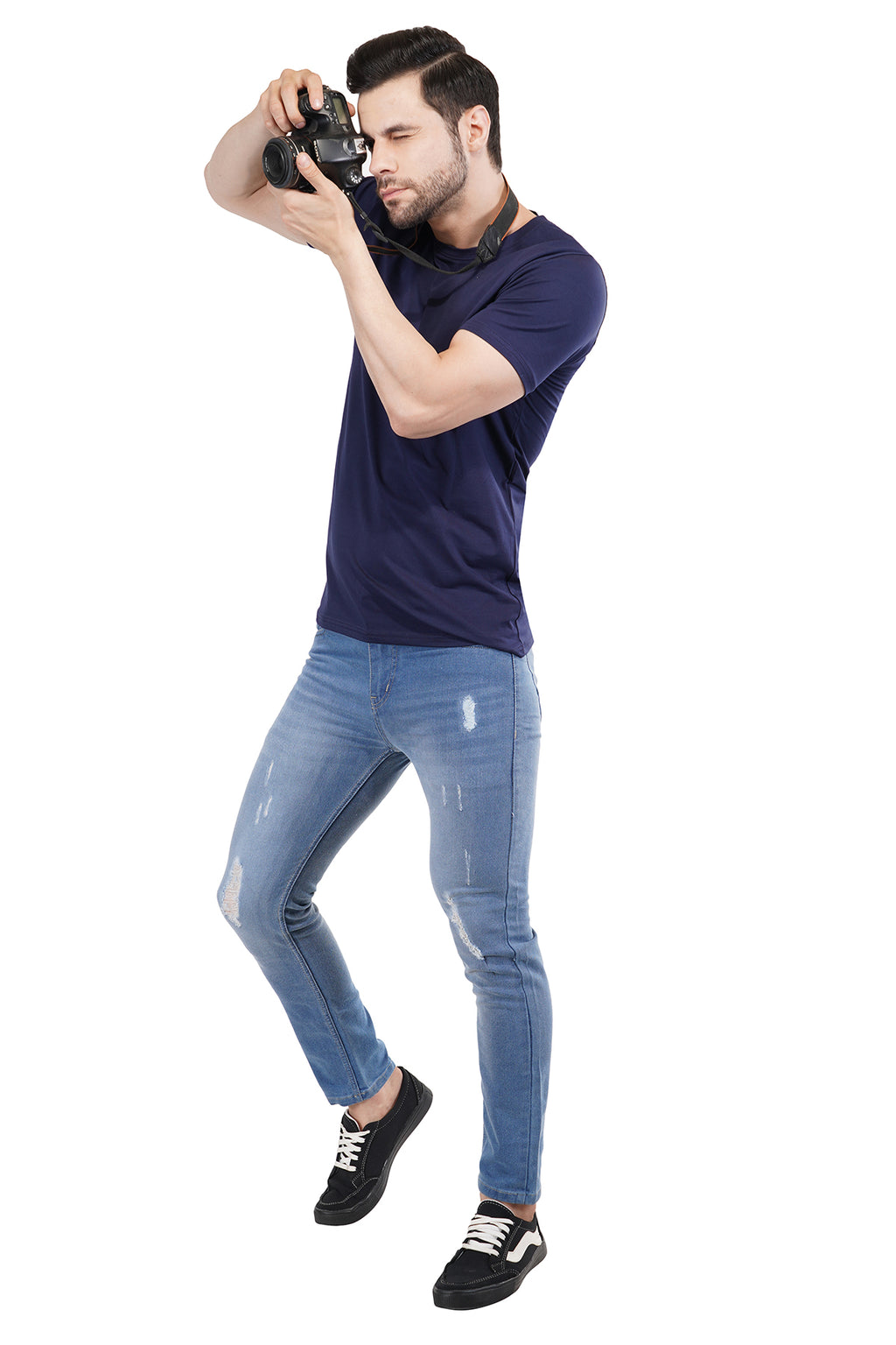 Blue Cotton Lycra Crew Neck T-Shirt