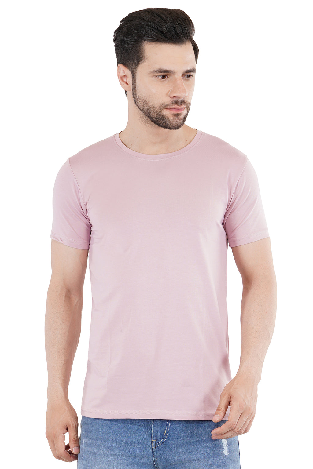 Salmon Pink Cotton Lycra Crew Neck T-Shirt