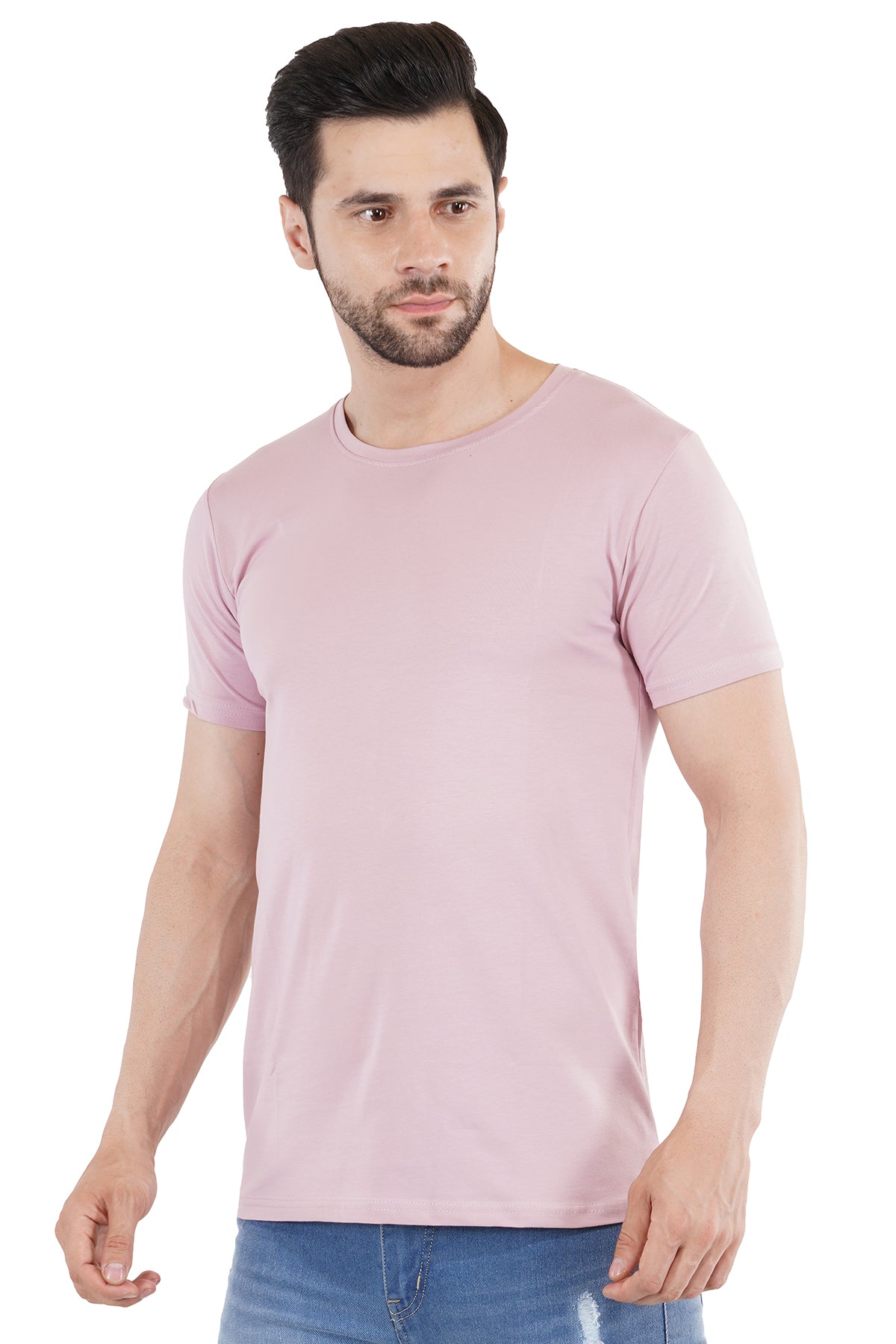 Salmon Pink Cotton Lycra Crew Neck T-Shirt