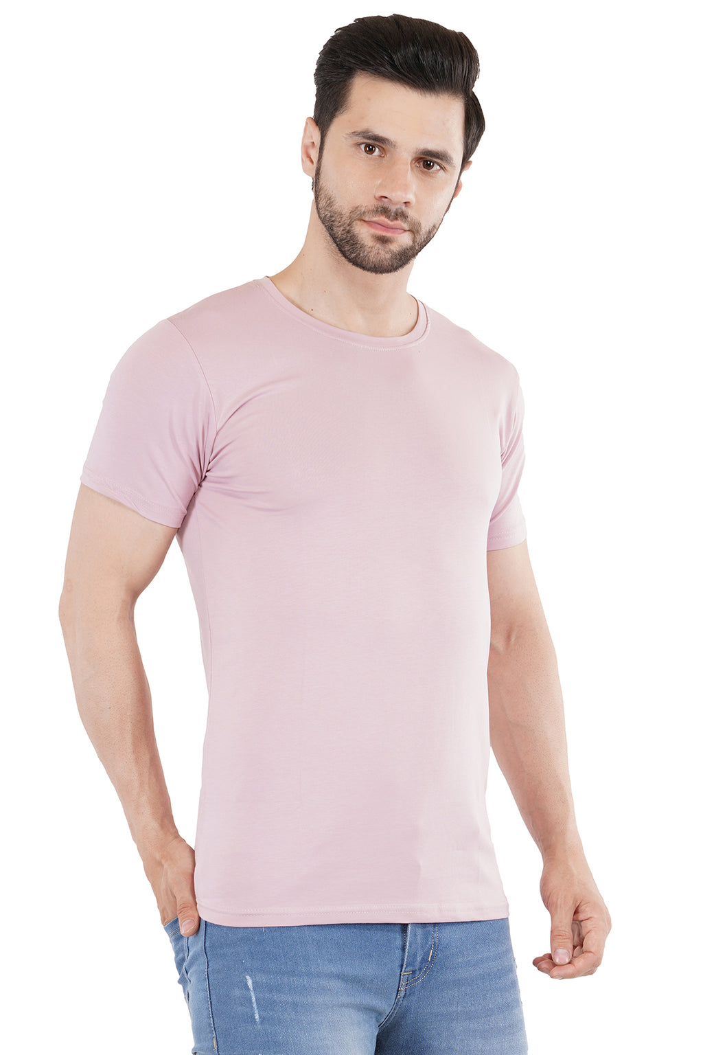 Salmon Pink Cotton Lycra Crew Neck T-Shirt