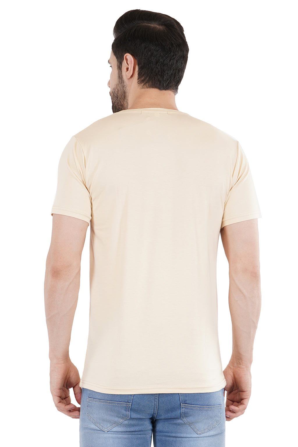 Cream Cotton Lycra Crew Neck T-Shirt