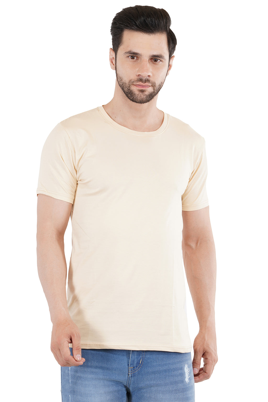 Cream Cotton Lycra Crew Neck T-Shirt