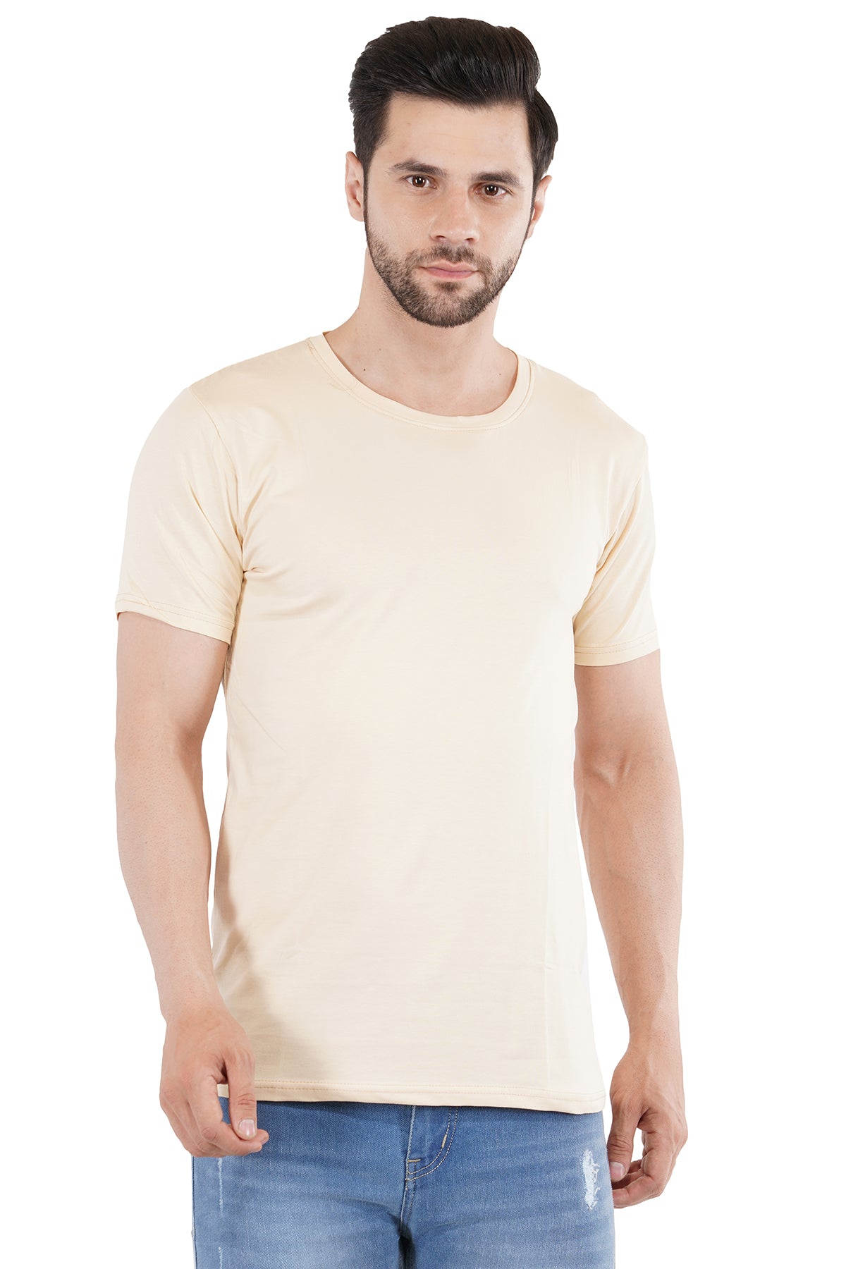 Cream Cotton Lycra Crew Neck T-Shirt