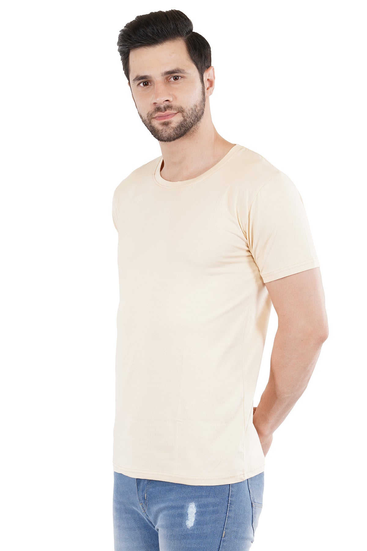 Cream Cotton Lycra Crew Neck T-Shirt