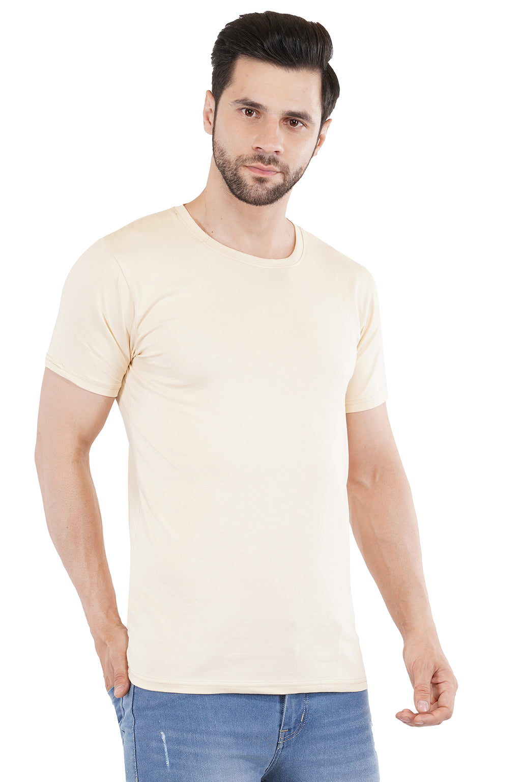 Cream Cotton Lycra Crew Neck T-Shirt