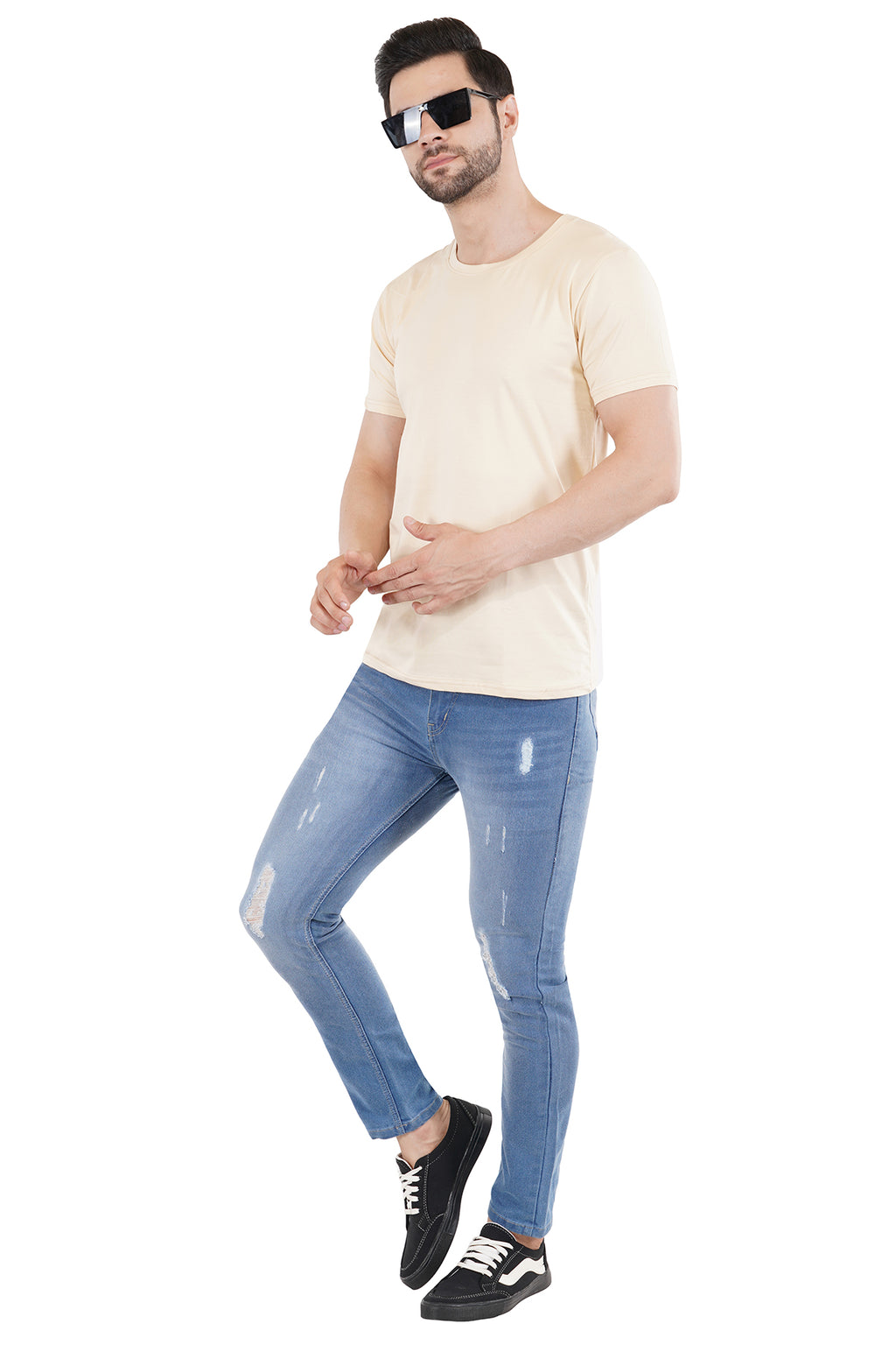 Cream Cotton Lycra Crew Neck T-Shirt