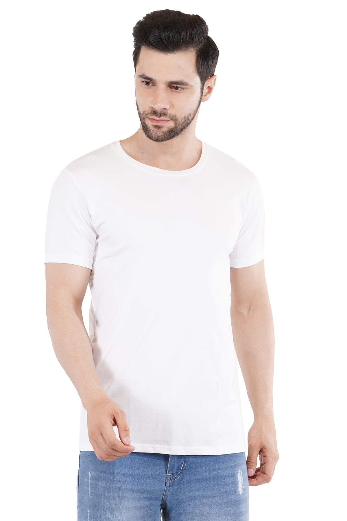 White Cotton Lycra Crew Neck T-Shirt