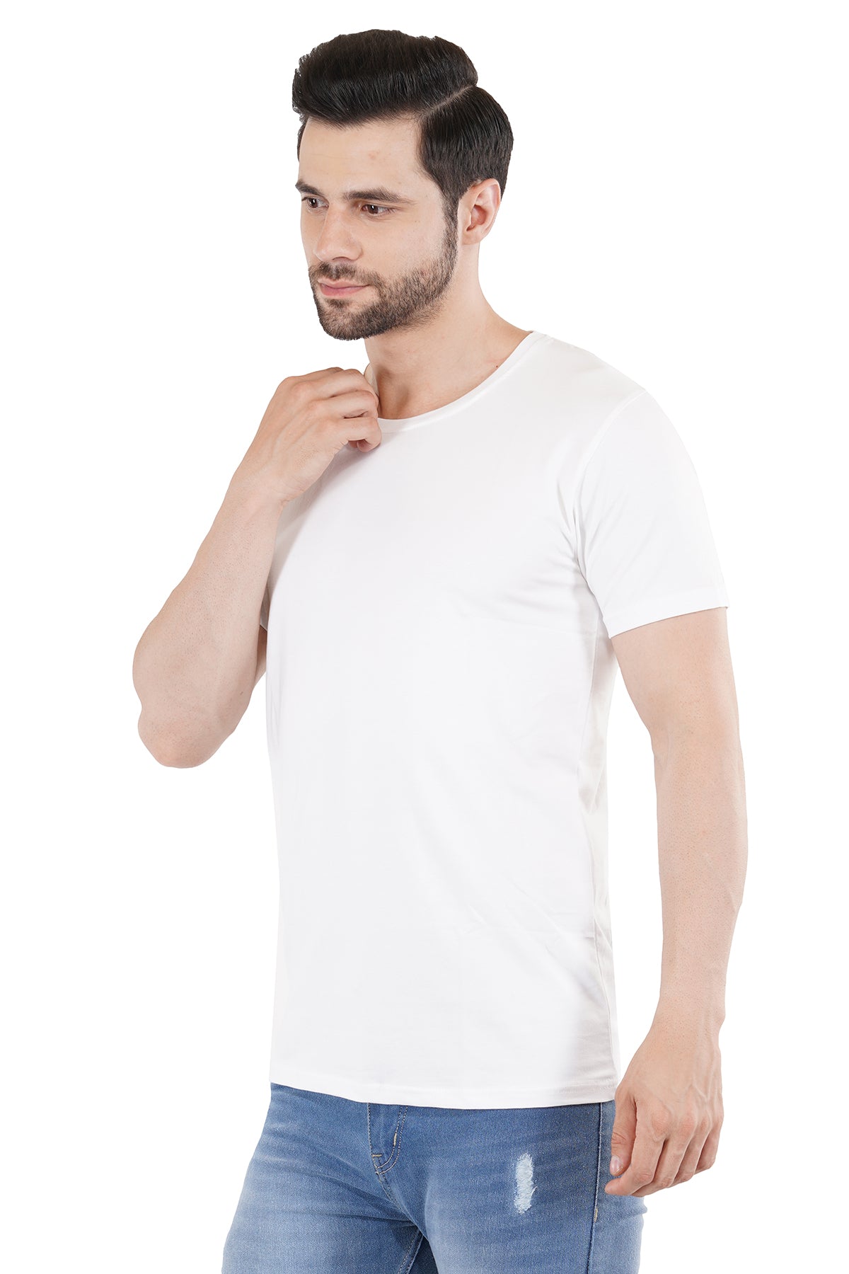 White Cotton Lycra Crew Neck T-Shirt