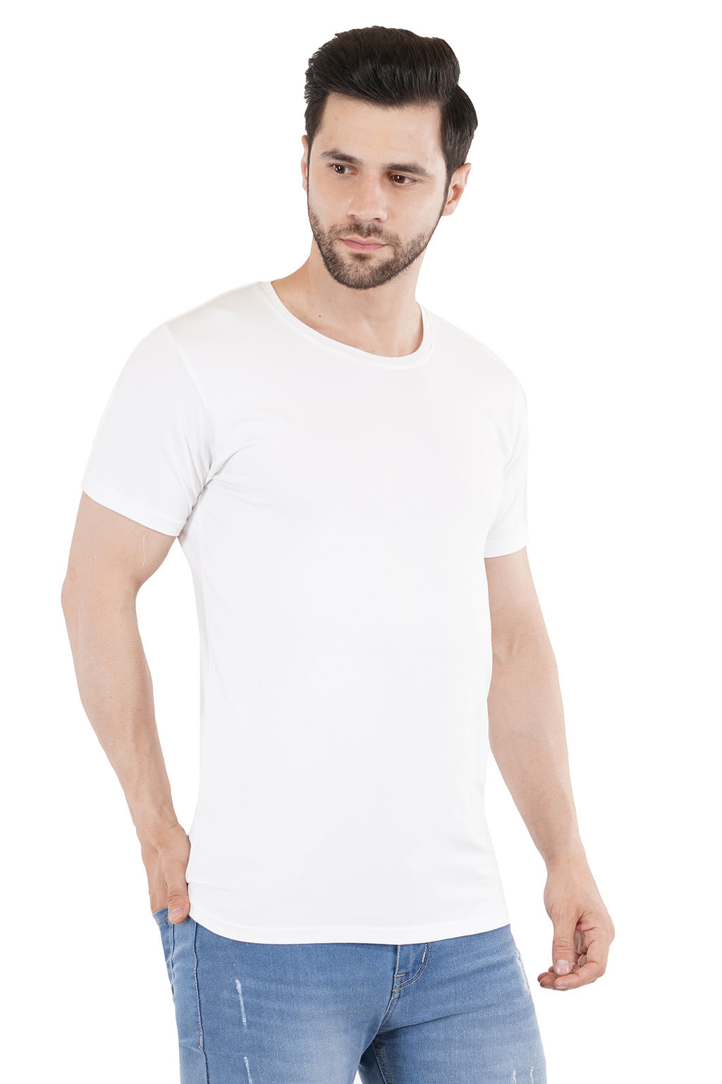 White Cotton Lycra Crew Neck T-Shirt