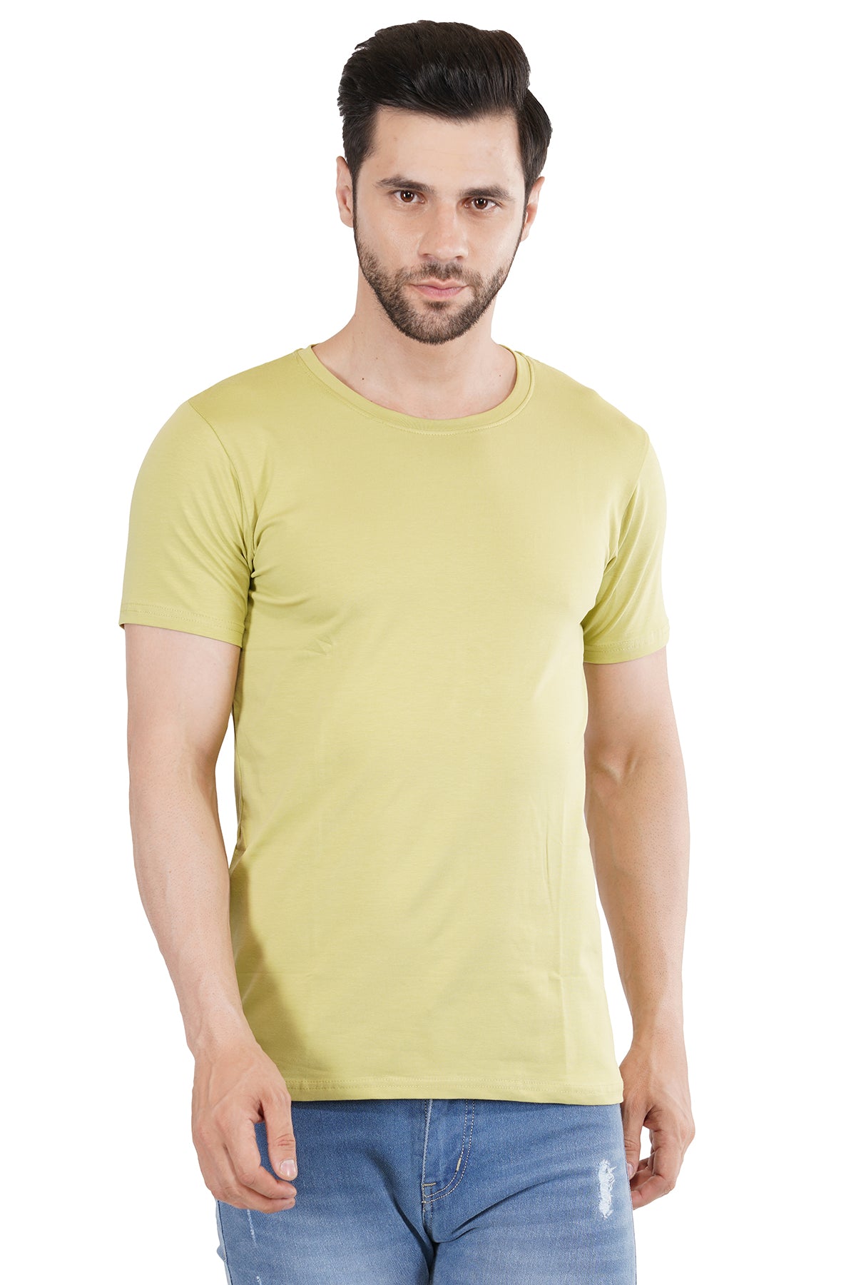 Lime Green Cotton Lycra Crew Neck T-Shirt