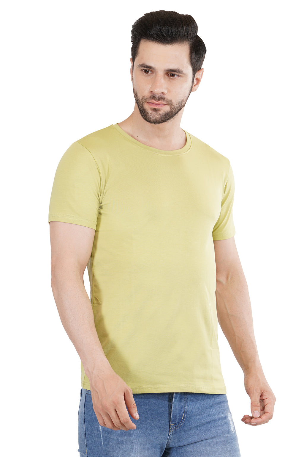 Lime Green Cotton Lycra Crew Neck T-Shirt